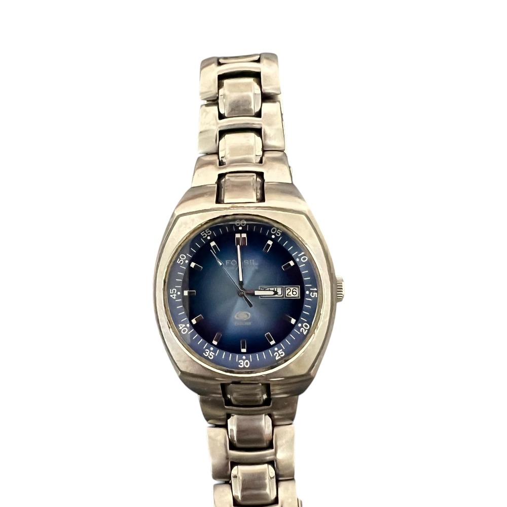 Fossil Blue AM-3506 Mens Watch Stainless Steel Blue Dial Day‎ Date Parts Only